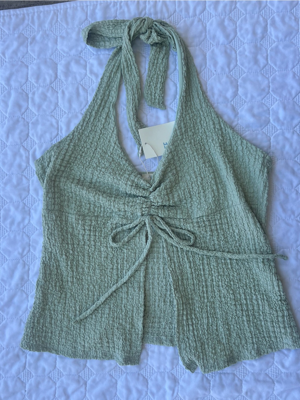 See You Monday Sage Green Flowy Open Front Crop Halter Top | XL | NWT - Picture 2 of 3